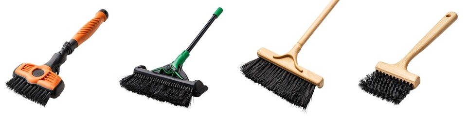 Cleaning Supplies collection. Four different types of cleaning brushes arranged in a row, showcasing various handles and bristle designs for effective scrubbing.