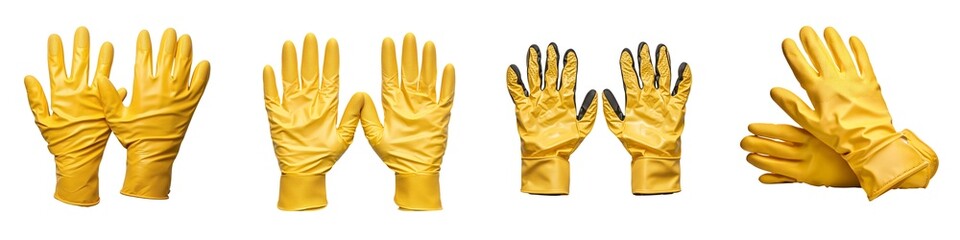 Obraz premium Cleaning Supplies collection. Several pairs of bright yellow gloves displayed from various angles, showcasing their design and texture.