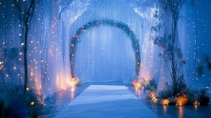 Enchanted wedding arch, floral decor, indoor ceremony, romantic lights, event backdrop