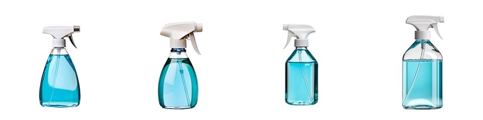 Cleaning Supplies collection. Four clear spray bottles filled with blue liquid are lined up, showcasing a cleaning product for household use.
