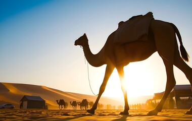 Camel Walking Across the Vast Desert Landscape Under the Golden Sunset