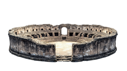 Ancient ruins of a Roman amphitheater in a historic location during daylight hours isolated on transparent background