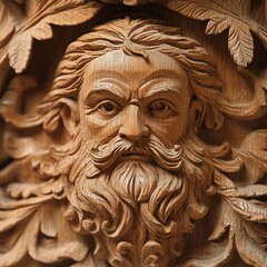 Fototapeta premium Carved wooden face, foliage detail, church interior, artistic craftsmanship, religious art