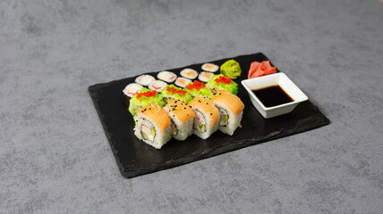 salmon rice sushi with soya sauce