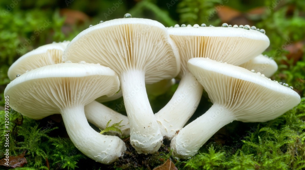 Poster a delicate cluster of white mushrooms in a forest, with visible water droplets creating a glistening