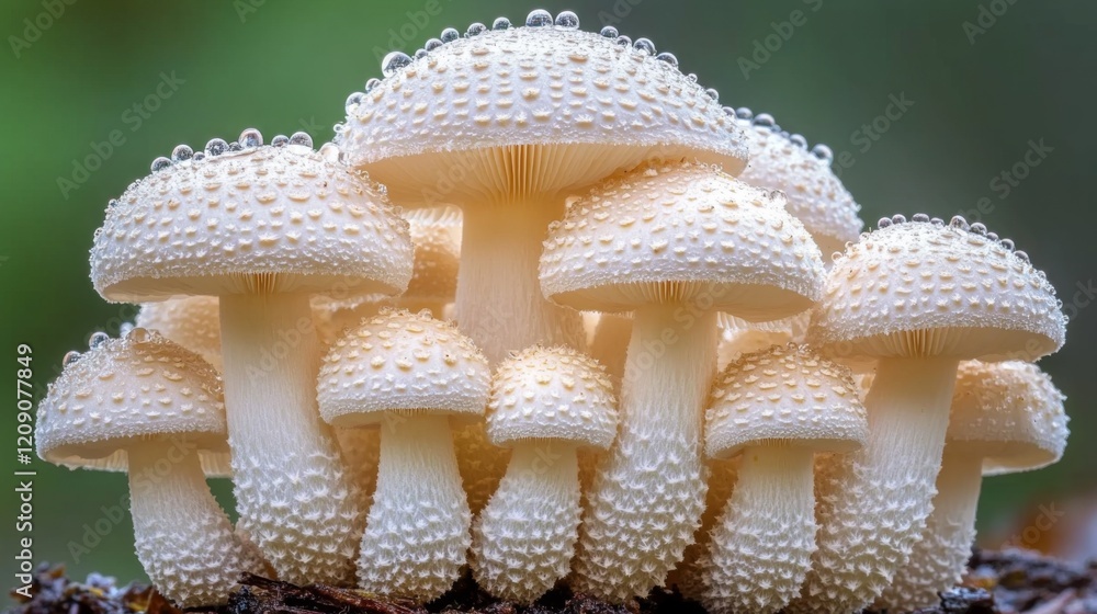 Poster a delicate cluster of white mushrooms in a forest, with visible water droplets creating a glistening