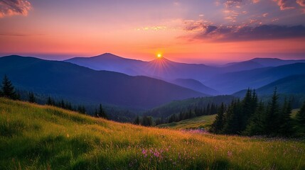 Fototapeta premium Sunset over mountain range, wildflowers, summer meadow, peaceful scene, travel poster