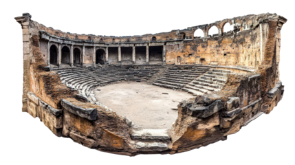 Ancient amphitheater in ruins showcasing historical architecture and cultural heritage isolated on transparent background