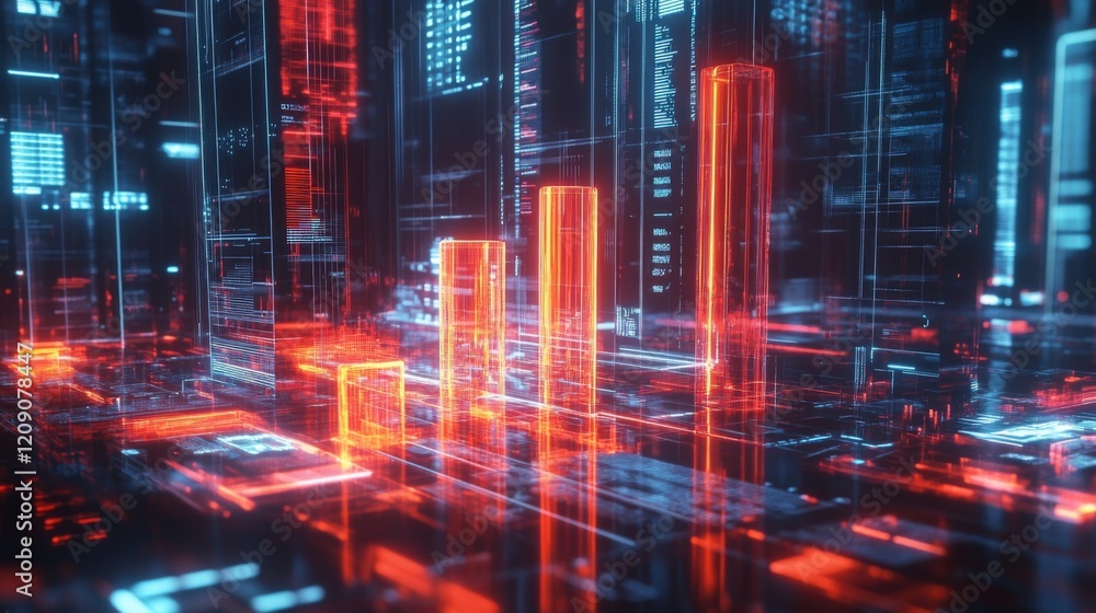 Poster A dynamic D bar chart with translucent bars in different heights, hovering over a futuristic financial dashboard with glowing elements