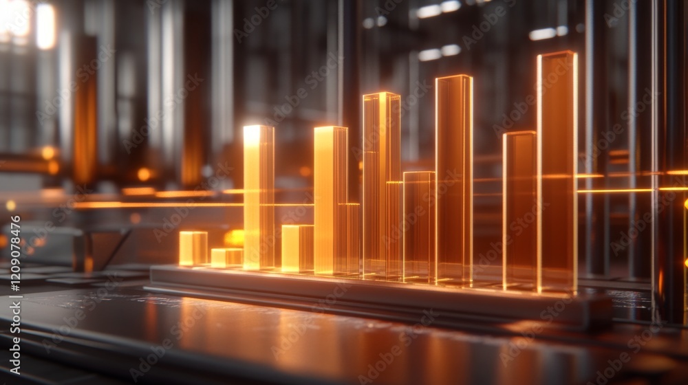 Poster A dynamic D bar chart with translucent bars in different heights, hovering over a futuristic financial dashboard with glowing elements