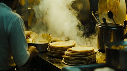 A dynamic shot of freshly made dosas stacked high, served with coconut chutney and sambar on the side, emphasizing the textures and flavors of this popular South Indian dish