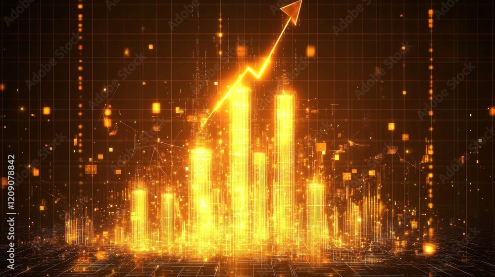 Aufkleber a futuristic d bar chart with tall, glowing columns and an upward trending arrow, hovering over a da