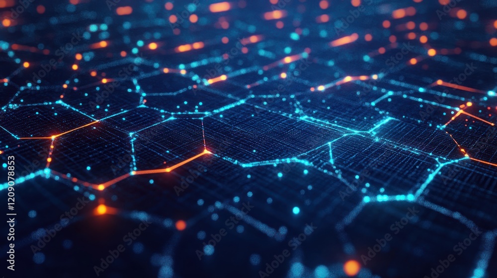 Poster futuristic cybernetic network with digital data streams in a vibrant cyberpunk landscape