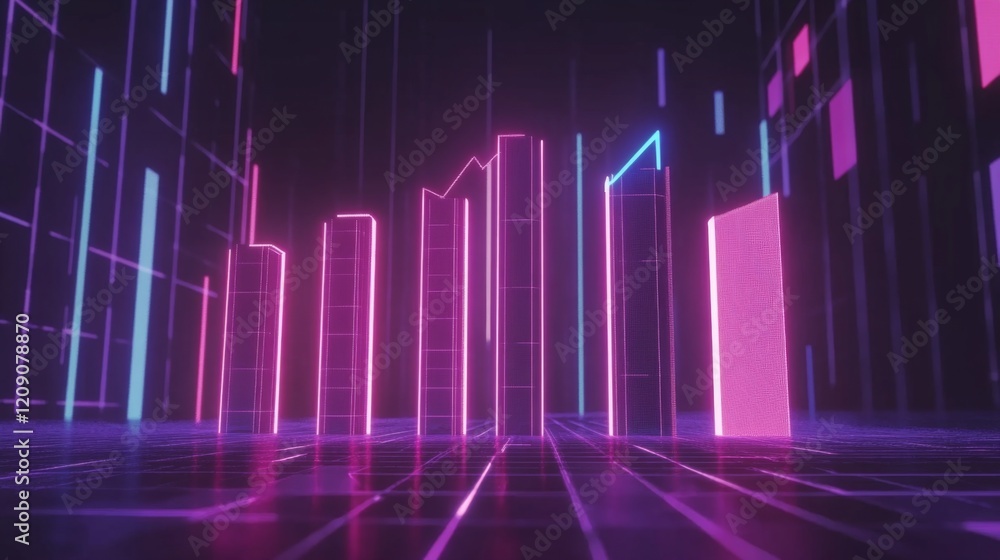Poster a futuristic d bar chart with tall, glowing columns and an upward trending arrow, hovering over a da