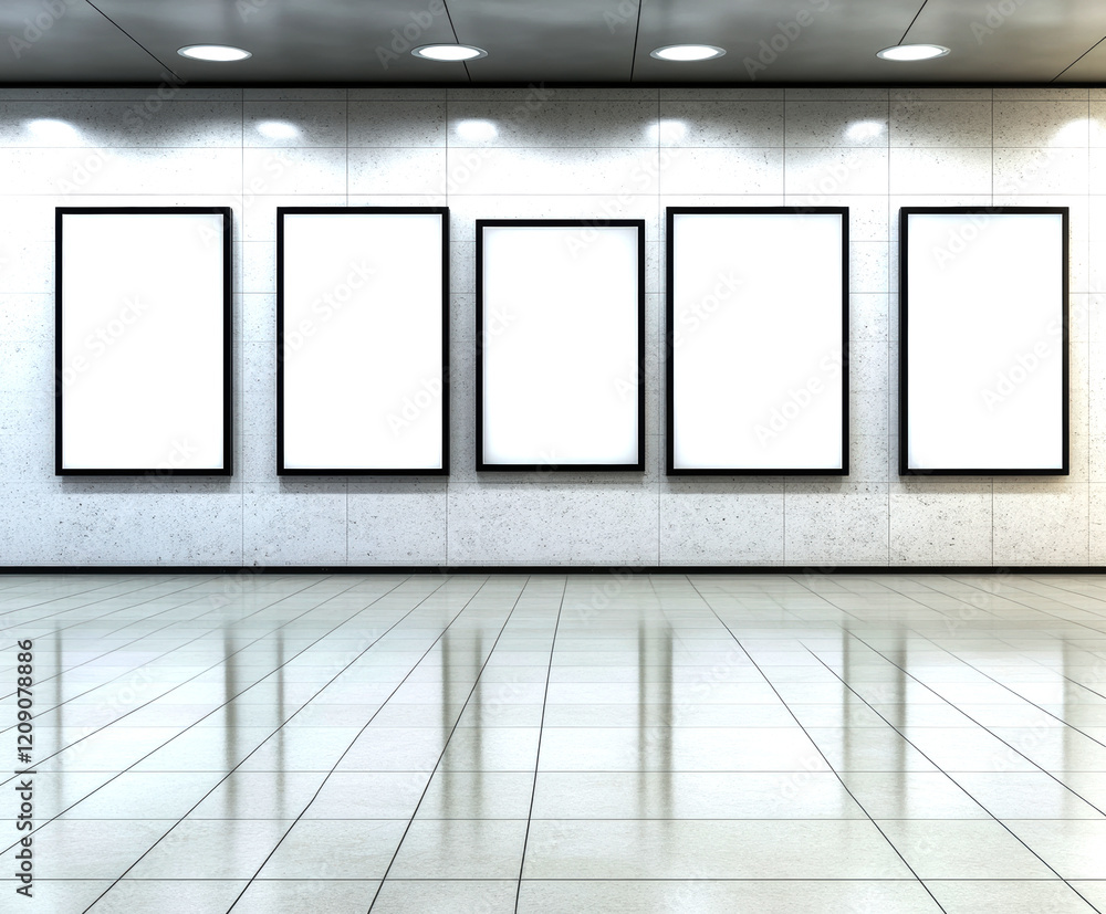 Poster a minimalist gallery wall features five empty frames, inviting creativity.