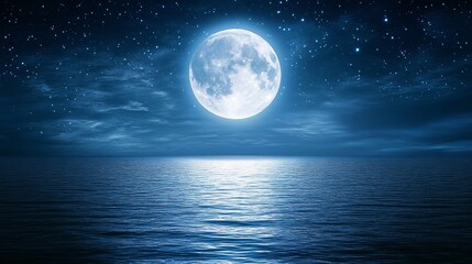 Full moon over calm ocean at night, starry sky, serenity
