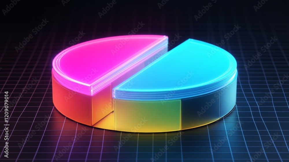 Poster A futuristic D pie chart with floating segments, each glowing with neon lights, set against a dark grid background, representing financial data visualization
