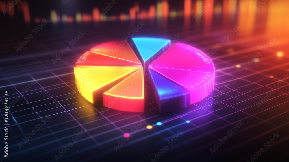 Poster a futuristic d pie chart with floating segments, each glowing with neon lights, set against a dark g