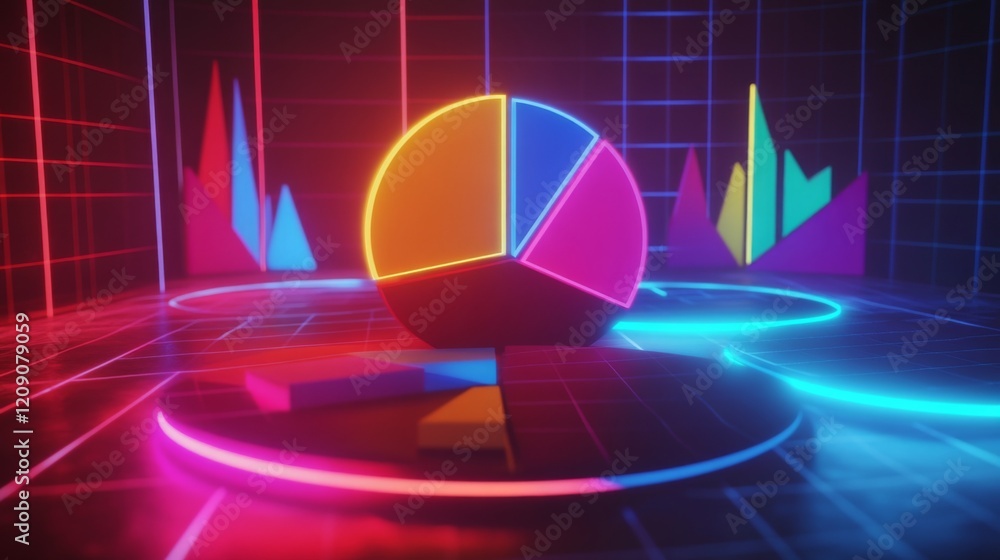 Aufkleber A futuristic D pie chart with floating segments, each glowing with neon lights, set against a dark grid background, representing financial data visualization