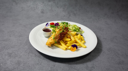 chicken meal, steak, with cheese, sauce and french fries