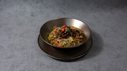 wok noodles dish, pork, chicken, shrimps, vegetables