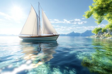 Fototapeta premium Sailboat Adventure on Crystal Clear Waters Serene Landscape Scenic View Summer Bliss
