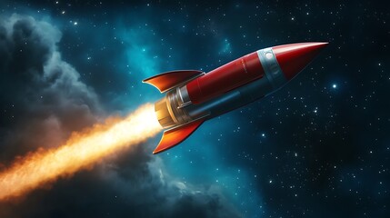 Red rocket blasts off into a vibrant, star-filled cosmos. This image evokes a sense of adventure and the boundless possibilities of space exploration.