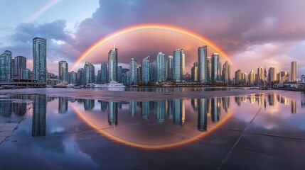 Obraz premium Cityscape rainbow reflection, harbor, sunrise, waterfront, poster