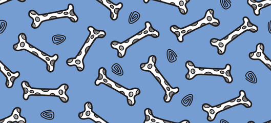 Dog bone seamless pattern on blue background. doodle illustration.