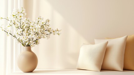 Minimalist Design Beige Vase and White Flowers in Natural Light