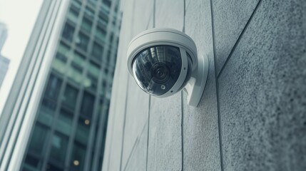 A high-angle shot of a modern white CCTV camera mounted on a gray concrete wall, blending into the urban environment with clean, sharp lines