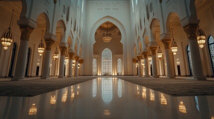 Fototapeta premium Mosque interior, UAE, prayer hall, reflective floor, arches, sunlight, travel, architecture, serenity, tourism
