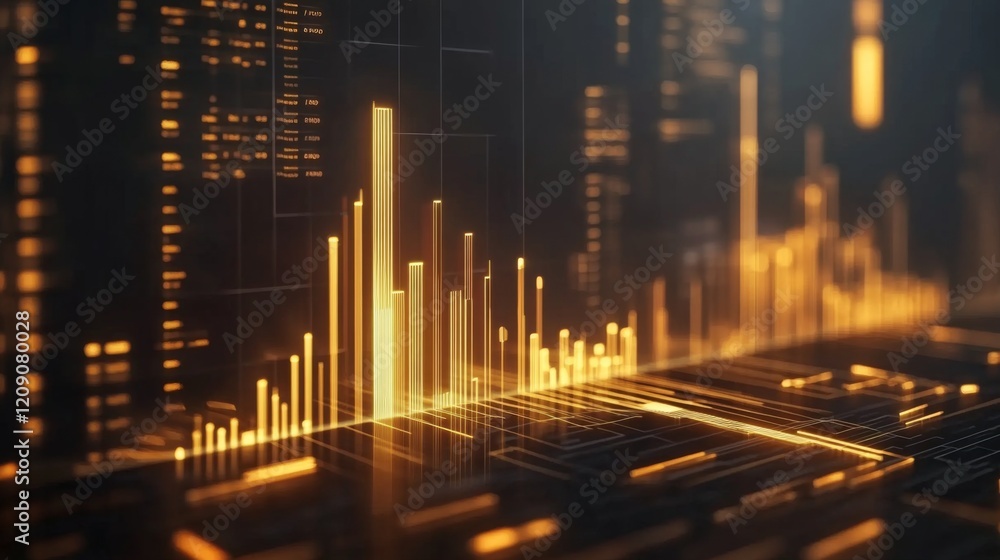 Poster A high-tech D bar chart with luminous bars arranged in a smooth, upward trend, set against a dark, futuristic financial dashboard