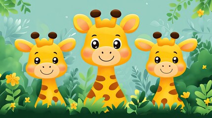 Naklejka premium Cute Giraffe Family in Lush Green Jungle