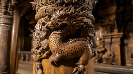 Fototapeta premium Intricate Dragon Carving, Temple Interior, Asian Art, Cultural Heritage, Wood Detail