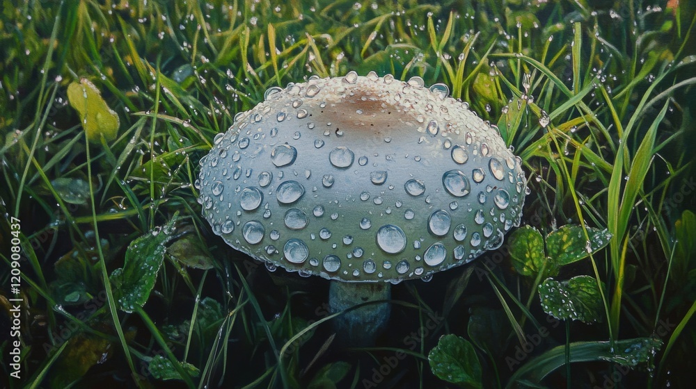 Poster a low-angle view of a mushroom surrounded by dew-laden grass, with soft morning light highlighting t