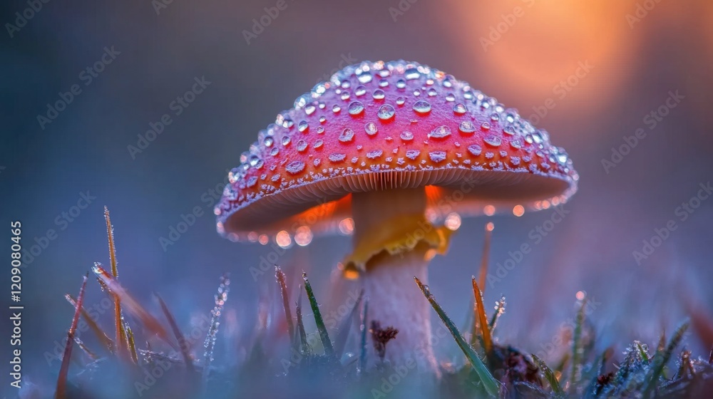 Poster a low-angle view of a mushroom surrounded by dew-laden grass, with soft morning light highlighting t