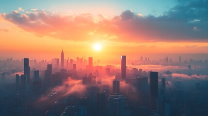 Fototapeta premium Majestic sunrise paints the city with warm colors, a blanket of fog enshrouds the buildings below, a breathtaking aerial view.