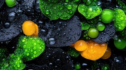 Dewdrops on vibrant green and orange leaves, dark background. Nature macro shot, ideal for spa, wellness