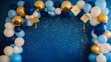 Graduation balloon arch backdrop, indoor party, blue gold confetti