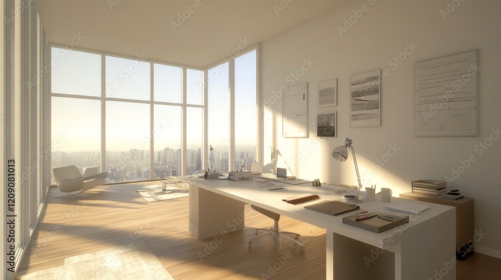 Poster a minimalist workspace with a large desk, simple stationery, and a minimalistic lamp, set against cl
