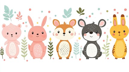 Naklejka premium Cute woodland animals illustration, floral background, children's design