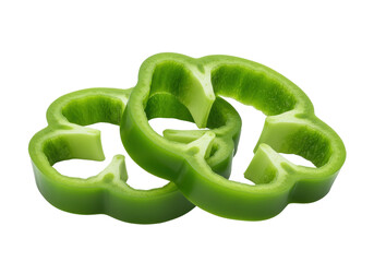 Three green bell pepper slices stacked slightly overlapping, isolated on white background