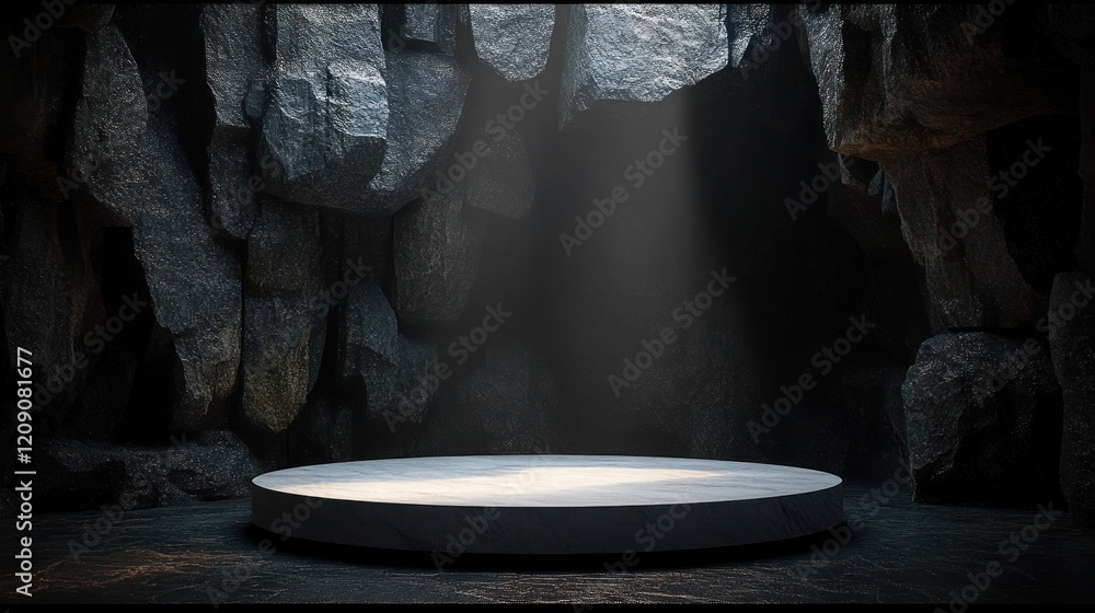 Poster minimalistic stage set with spotlight illuminated stone circular platform in dark cavern background