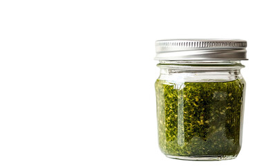 Italian green pesto in the glass jar on transparent or white background