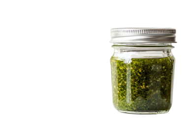 Italian green pesto in the glass jar on transparent or white background