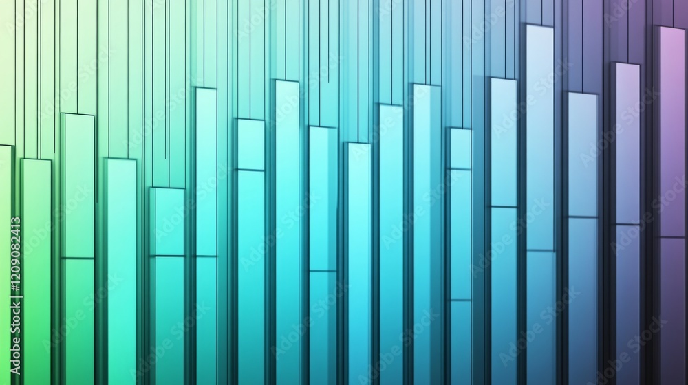 Poster a row of vertical bars in a gradient from blue to green, symbolizing financial performance over time