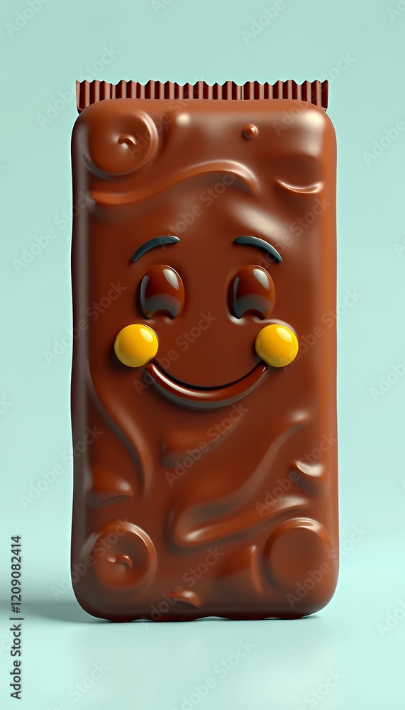 Poster happy chocolate bar: a delightful 3d rendering of a smiling chocolate candy bar with playful design 
