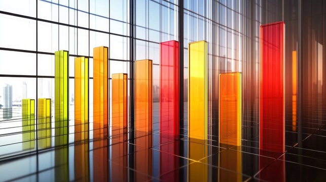 A row of vibrant, glass-like bars in a financial bar chart, with each bar glowing softly against a sleek, dark grid background, representing economic growth