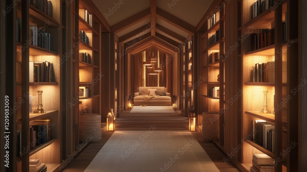 Aufkleber a serene hallway lined with bookshelves, soft lighting, and a comfortable reading nook at the end, c